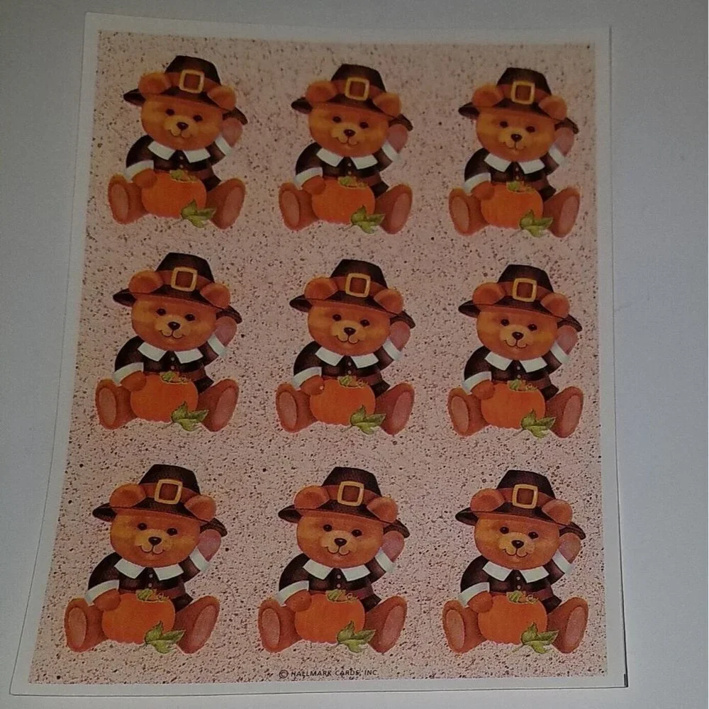 VTG Hallmark Teddy Bear Pilgrim Pumpkin Thanksgiving Stickers ~ Lot of 4 Sheets